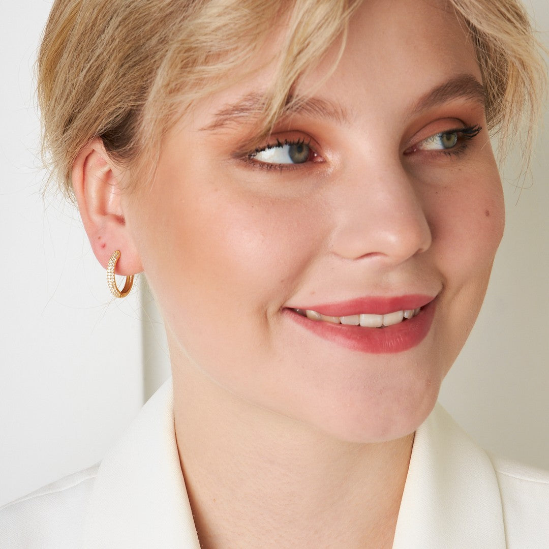 Yarım Daire Taşlı Halka Küpe - 925 GÜMÜŞ