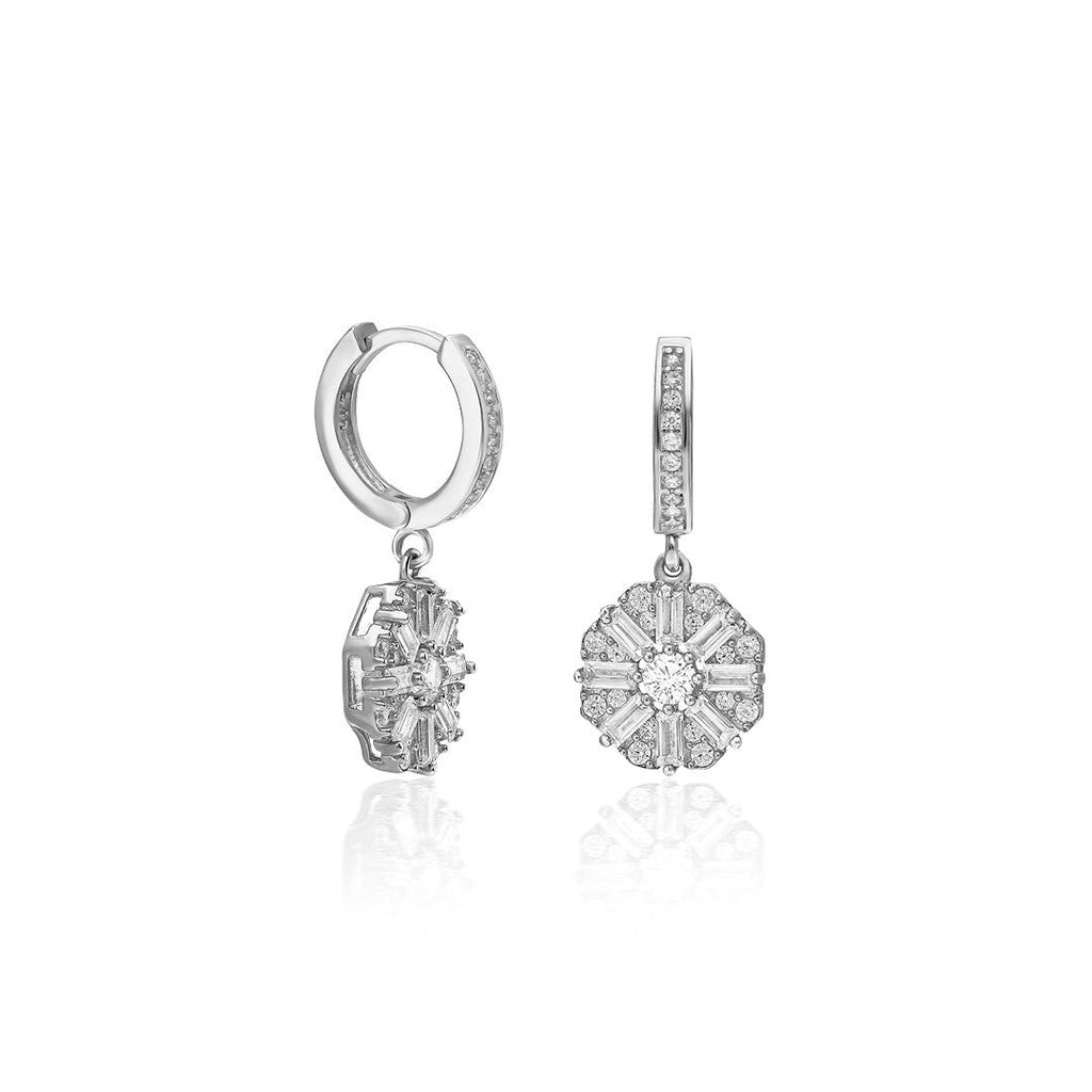 Baget Taşlı Çiçek Desenli Küpe - 925 GÜMÜŞ