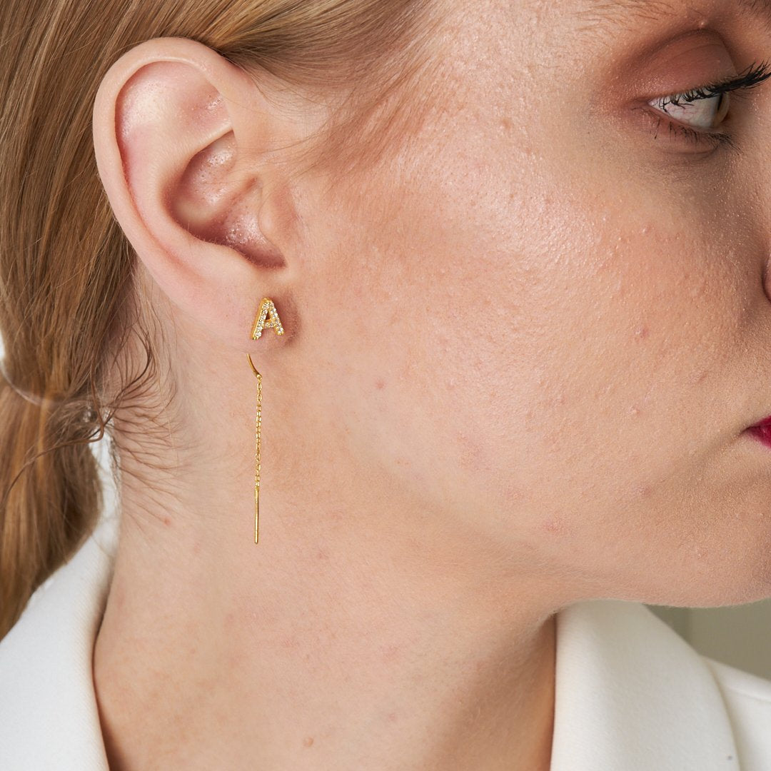 Taşlı Harf Zinciri Küpe - 925 GÜMÜŞ