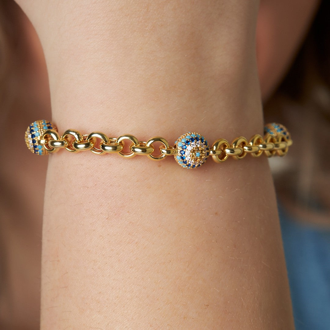 Kalın Zincirli Taşlı Nazar Bileklik - 925 GÜMÜŞ