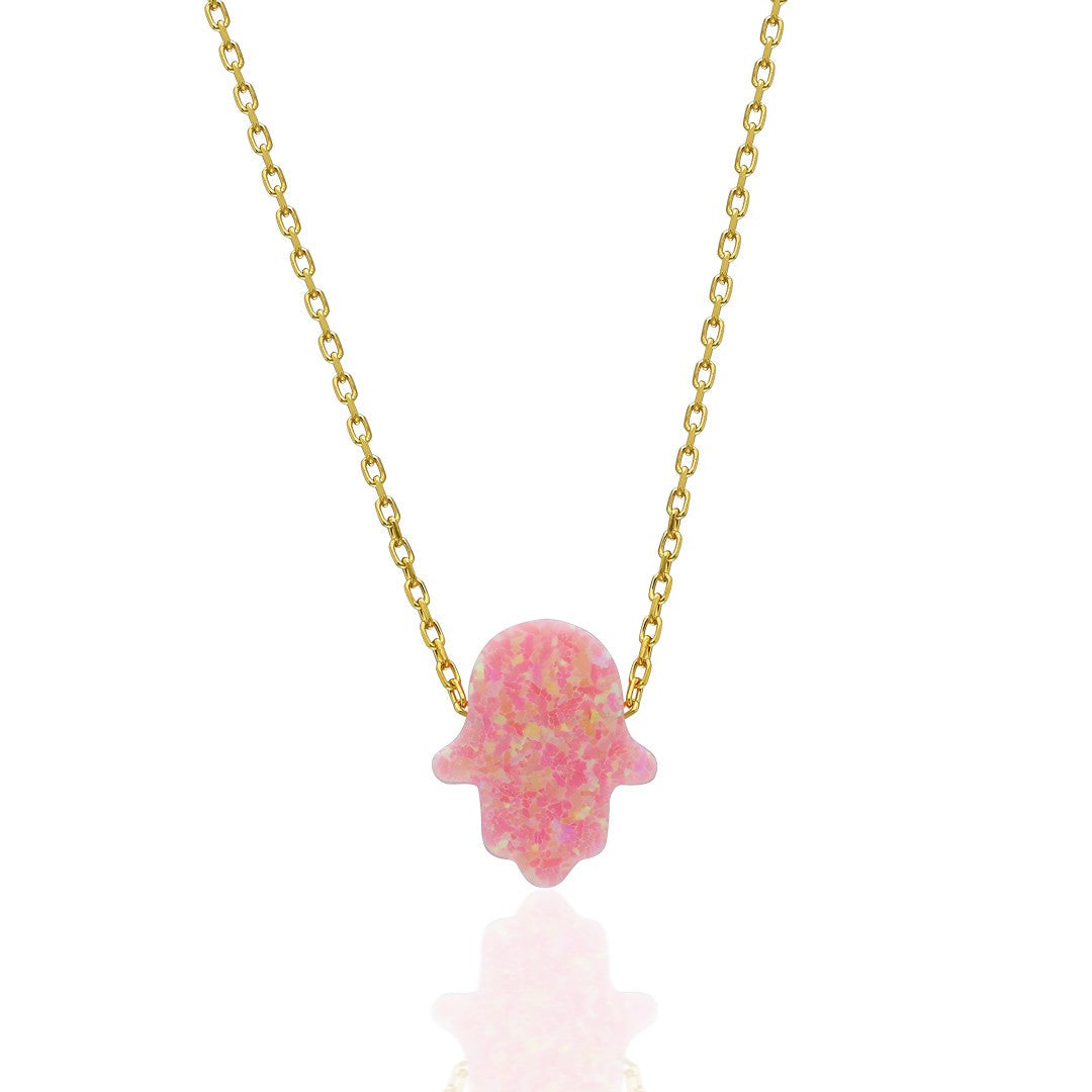 Orjinal Pembe Basit Opal Fatma El Kolye - 925 GÜMÜŞ