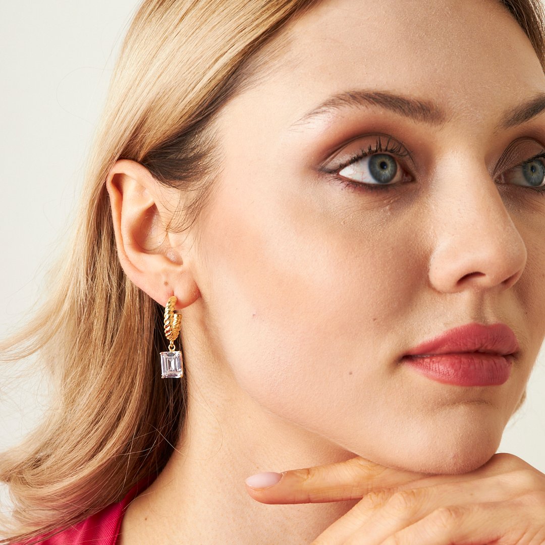 Büyük Taşlı Dikdörtgen Baget Küpe - 925 GÜMÜŞ