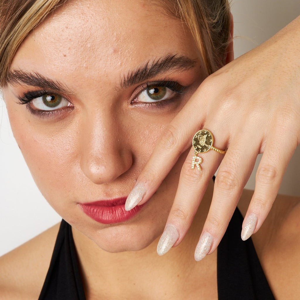 Modellenmiş çeyrek taşlı harf yüzük - 925 GÜMÜŞ