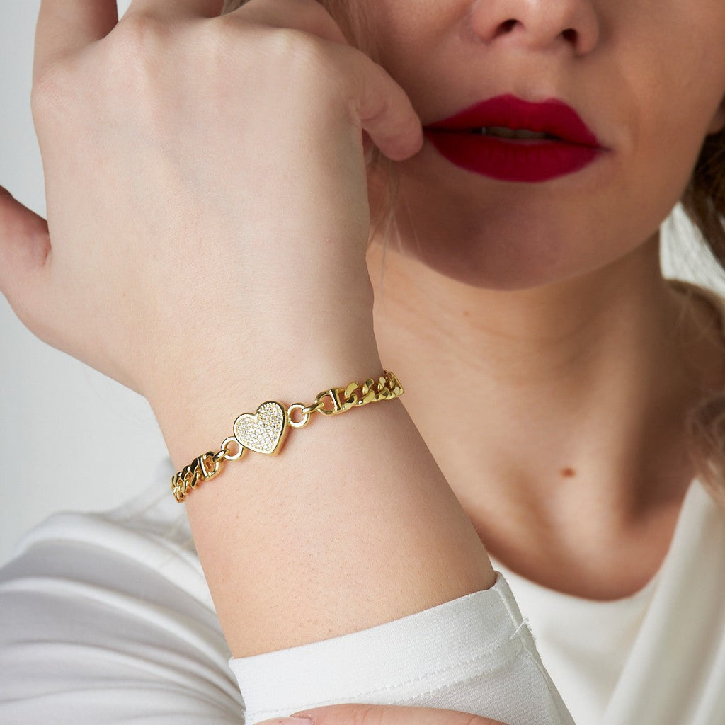 Çift Zincirli Taşlı Kalpli Bileklik - 925 GÜMÜŞ