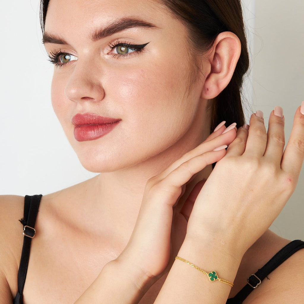 Yeşil Taşlı Yonca Yaprağı Bileklik - 925 GÜMÜŞ