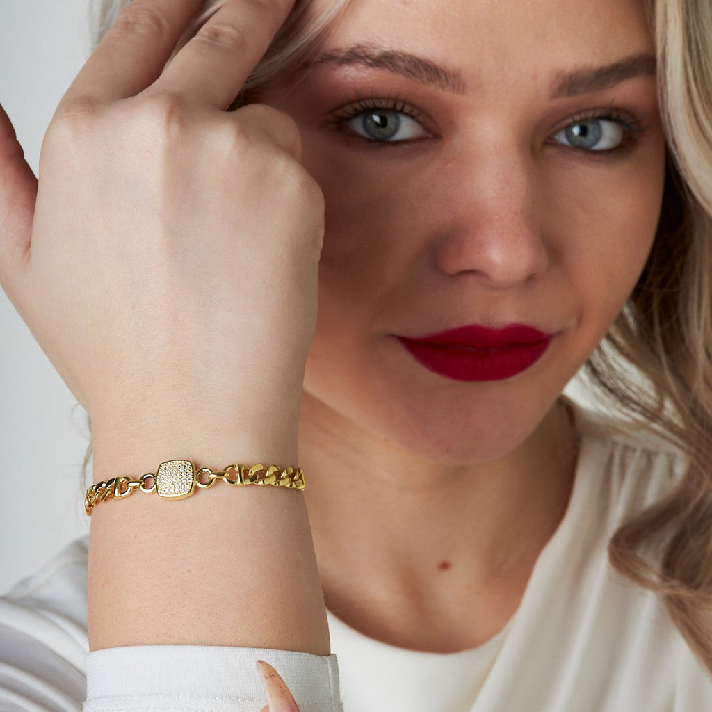 Kare İki Zincirli Taşlı Bileklik - 925 GÜMÜŞ