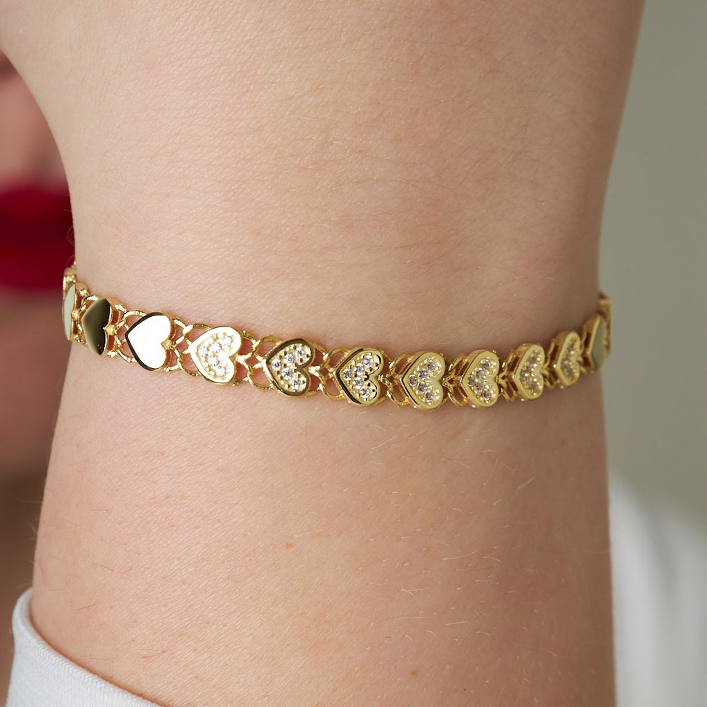 Sıralı Kalpli Taşlı Bileklik - 925 GÜMÜŞ