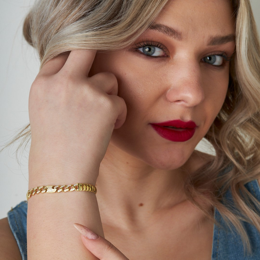 Balıksırtı Düğmeli Ve Taşlı Gurme Bileklik - 925 GÜMÜŞ