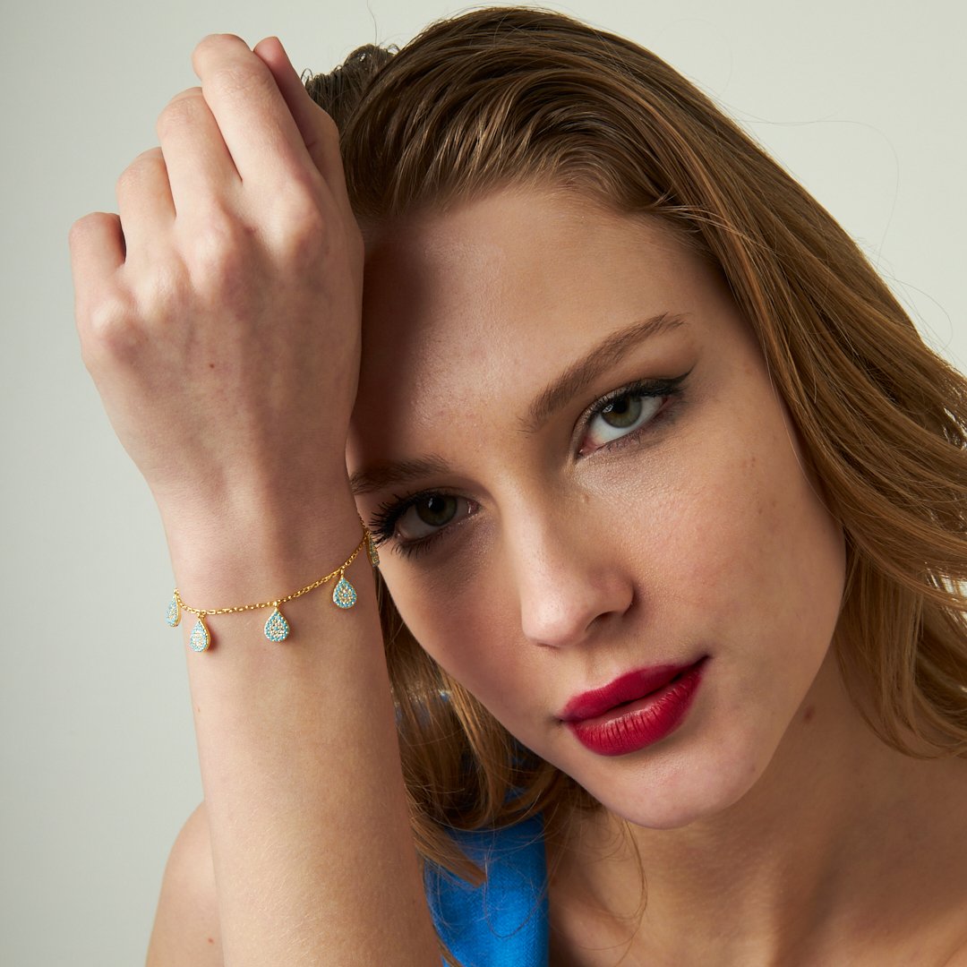 Renkli Taşlı Damla Bileklik - 925 GÜMÜŞ