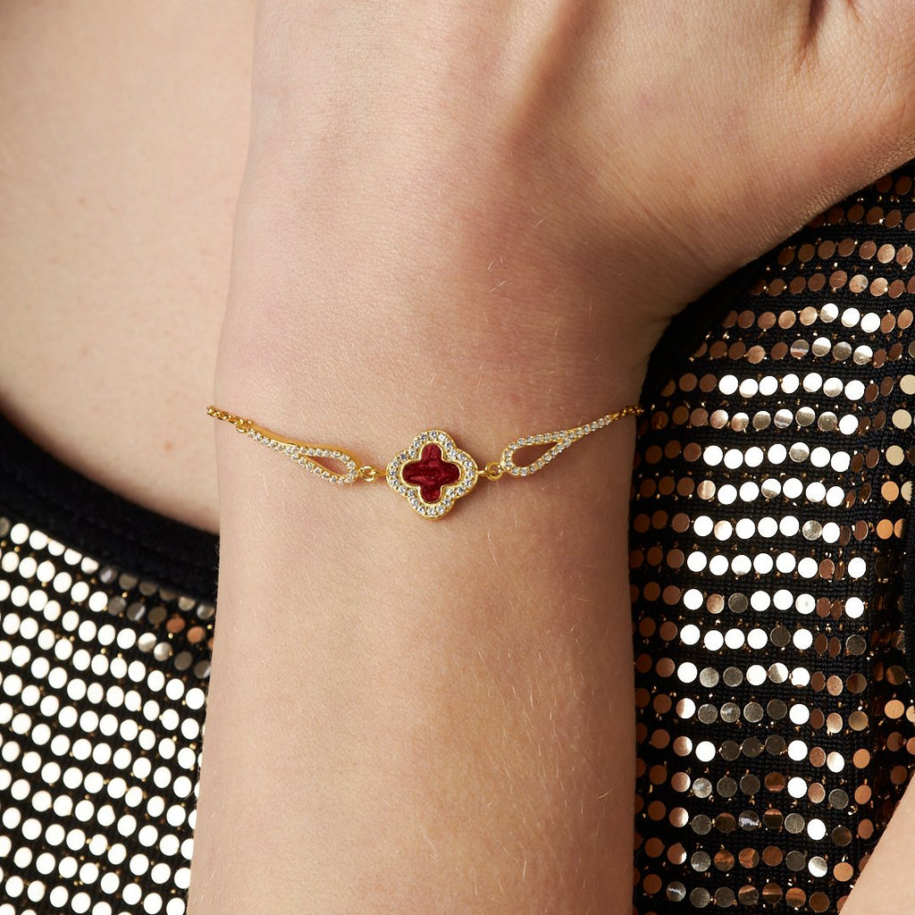 Kırmızı Yonca Taşlı Bileklik - 925 GÜMÜŞ