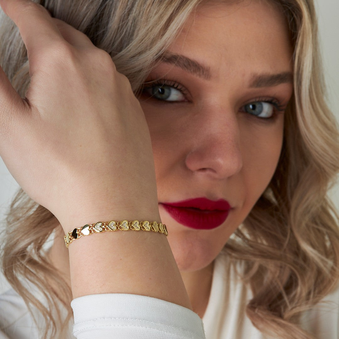 Sıralı Kalpli Taşlı Bileklik - 925 GÜMÜŞ