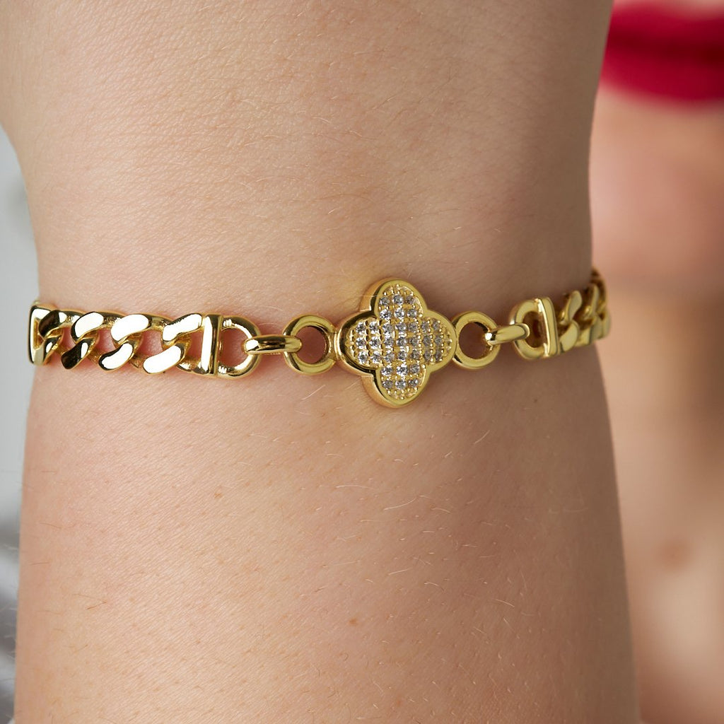 İki Zincirli Taşlı Yonca Bileklik - 925 GÜMÜŞ