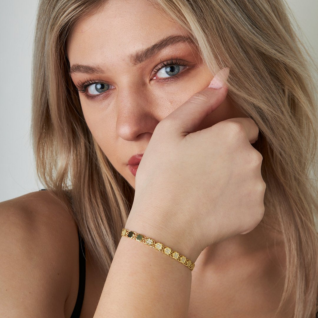 Yarı Dğerli Taşlı Yaprak Zincir Bileklik - 925 GÜMÜŞ