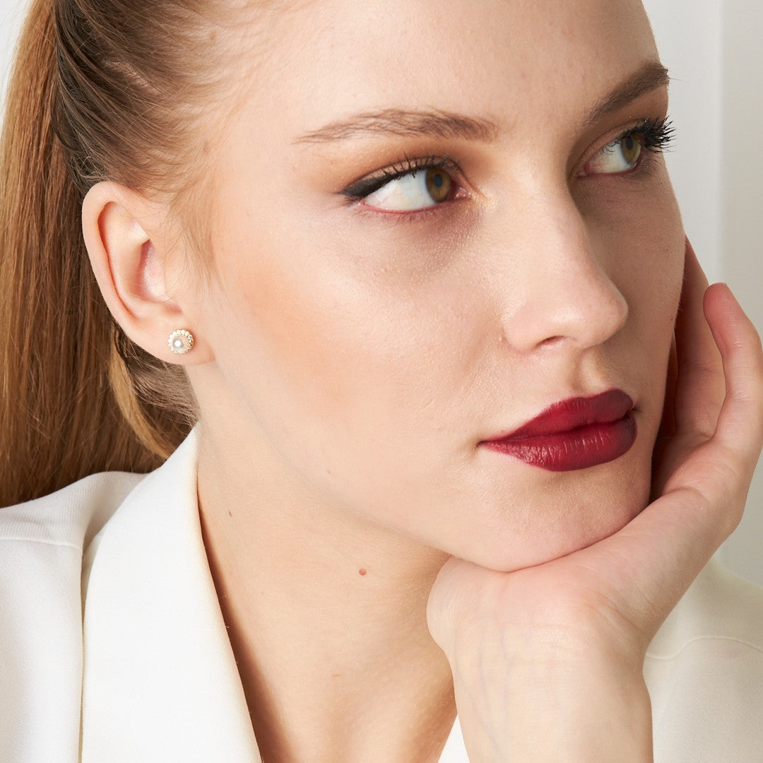 Taşlı Yuvarlak İnci Küpeler - 925 GÜMÜŞ