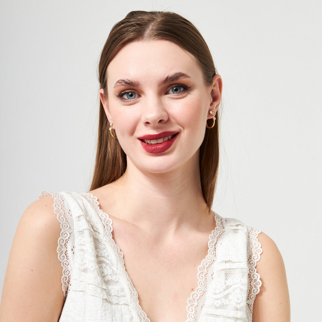 Kalp Taşlı Minimal Yarım Küpe - 925 GÜMÜŞ