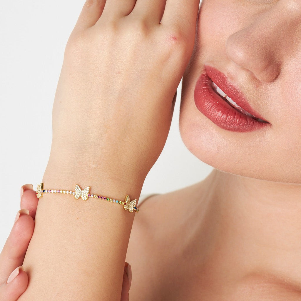 Üç Kelebekli Renkli Su Yolları Bileklik - 925 GÜMÜŞ