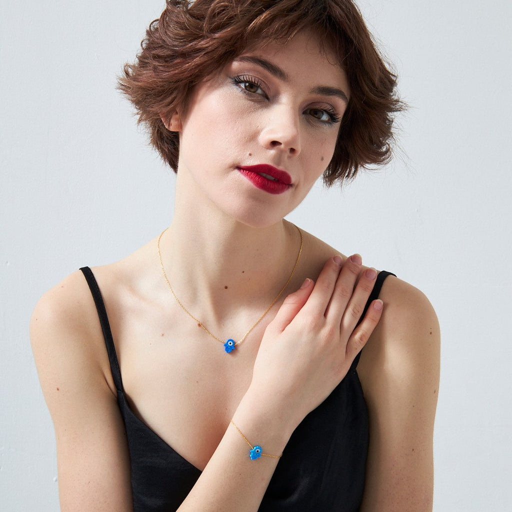 Opal Taşlı Orjinal Fatma Eli Set - 925 GÜMÜŞ