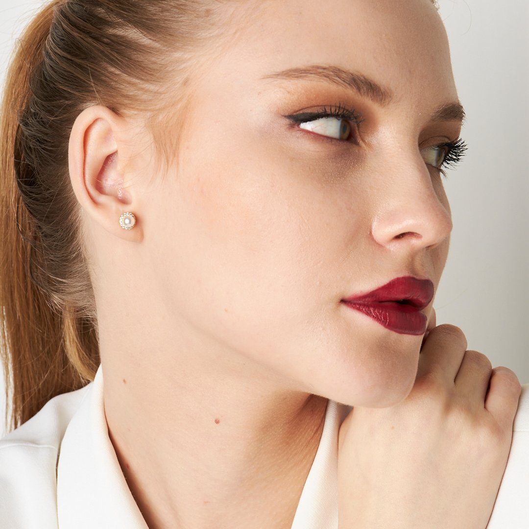 Taşlı Yuvarlak İnci Küpeler - 925 GÜMÜŞ