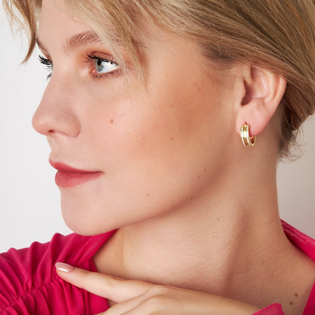 Üçlü Taş Detaylı Halka Küpe - 925 GÜMÜŞ