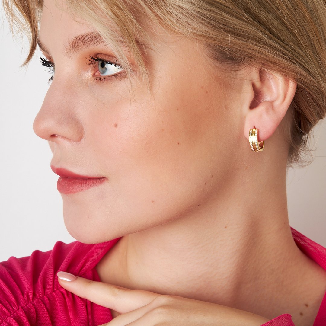 Üçlü Taş Detaylı Halka Küpe - 925 GÜMÜŞ