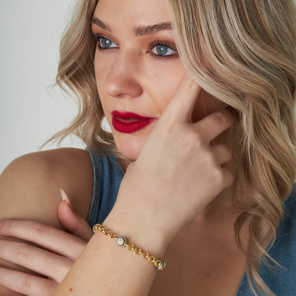 Kalın Zincirli Taşlı Nazar Bileklik - 925 GÜMÜŞ