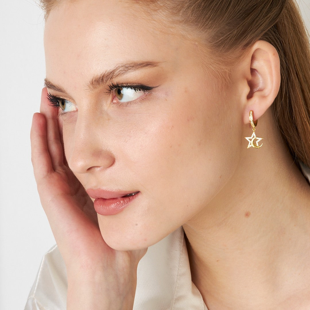 Hilal Ay Yıldız Taşlı Küpe - 925 GÜMÜŞ