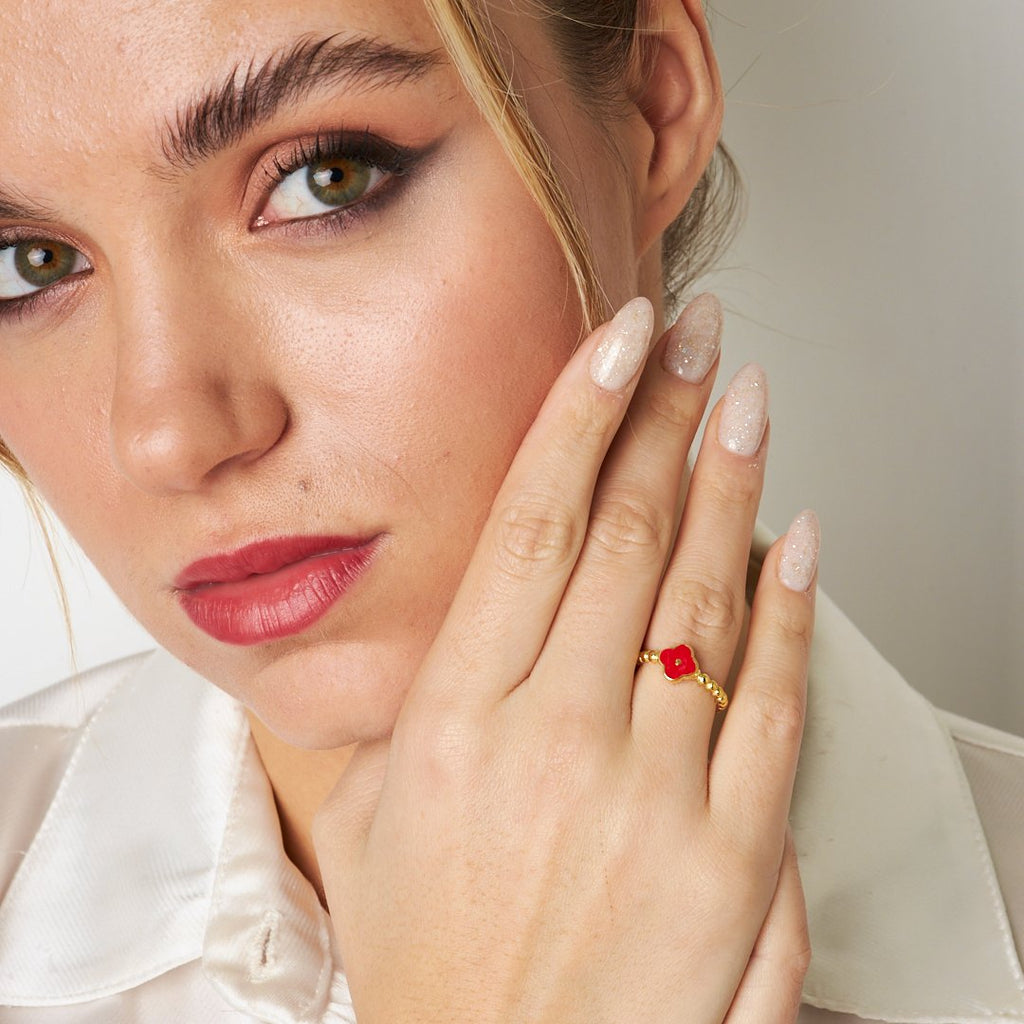 Kırmızı Yonca Yüzük - 925 GÜMÜŞ