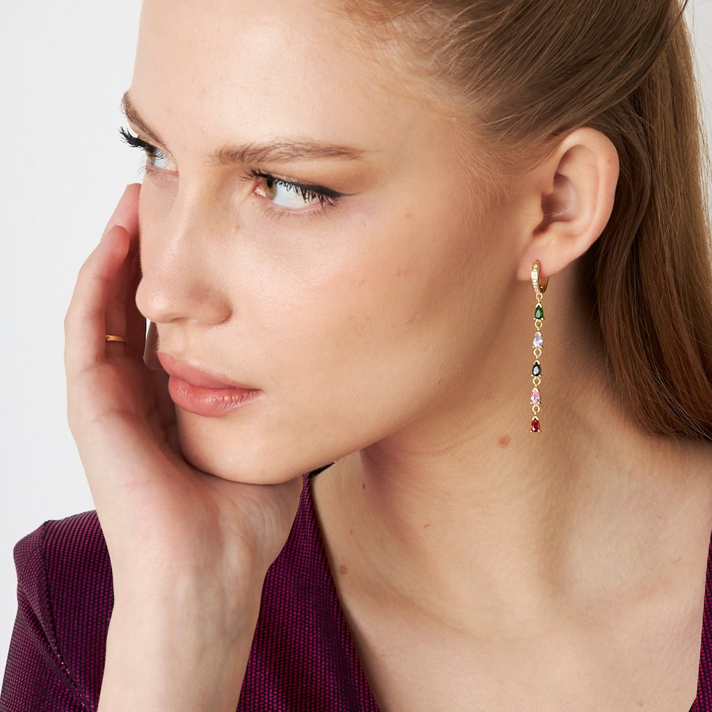 Renkli Taşlı Sarkan Küpeler - 925 GÜMÜŞ