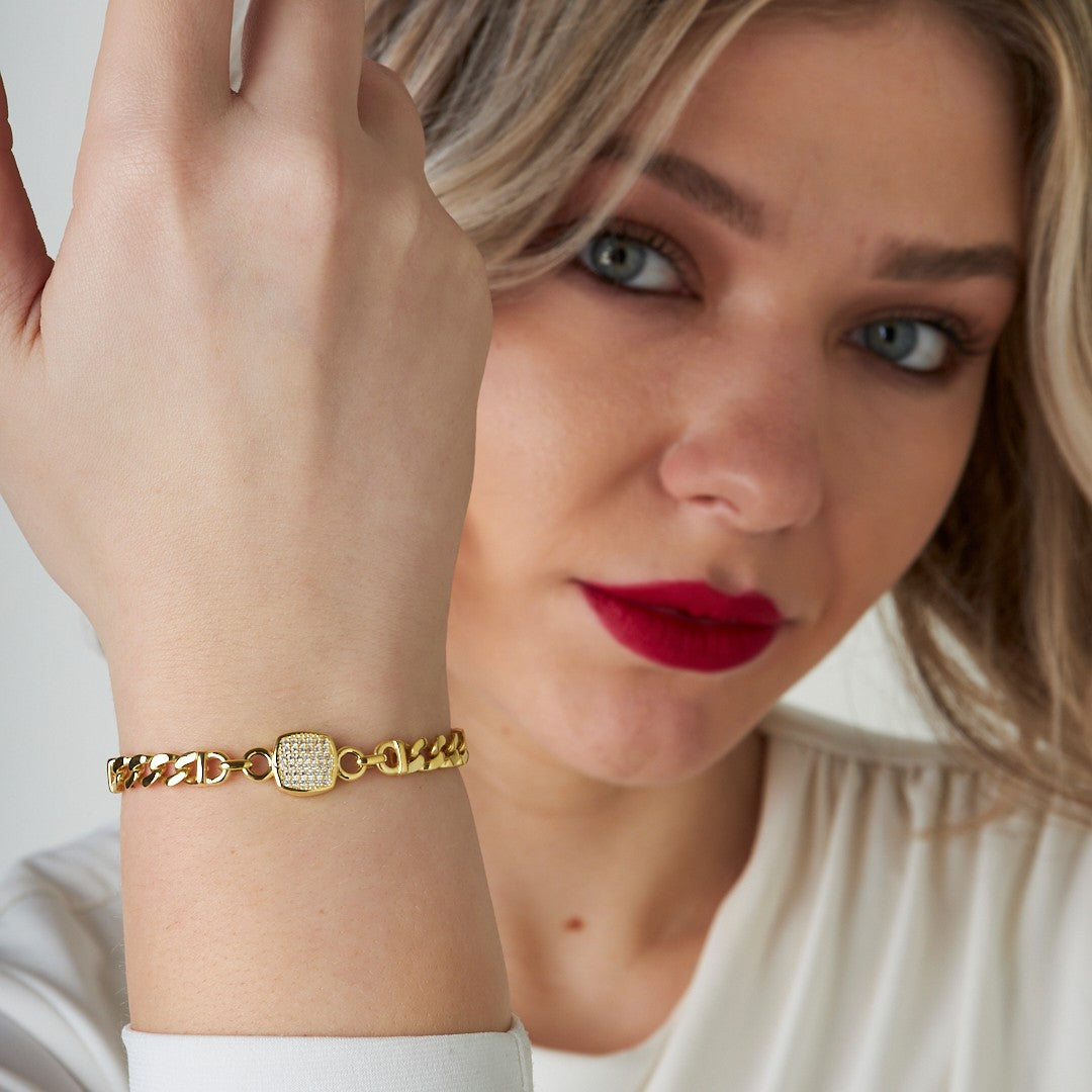 Kare İki Zincirli Taşlı Bileklik - 925 GÜMÜŞ