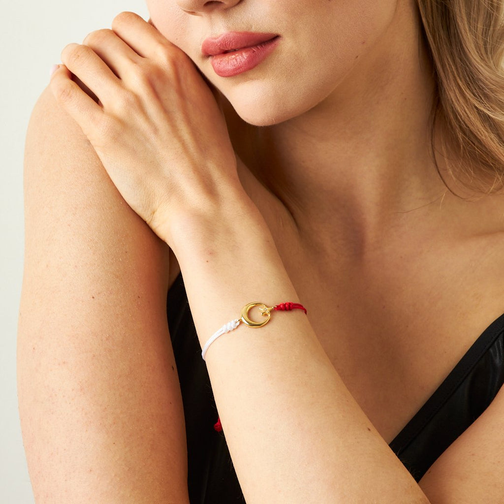 Ay Yıldızlı Kırmızı Ve Beyaz İp Bileklik - 925 GÜMÜŞ