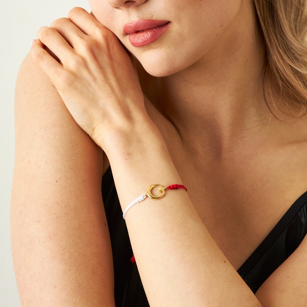 Ay Yıldızlı Kırmızı Ve Beyaz İp Bileklik - 925 GÜMÜŞ