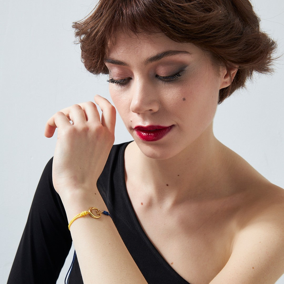 Ay Yıldızlı Sarı Lacivert İp Bileklik - 925 GÜMÜŞ